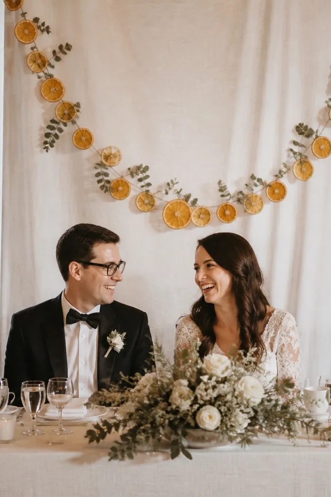 Ivory linen drape behind the head table with dried citrus slices and small green sprigs