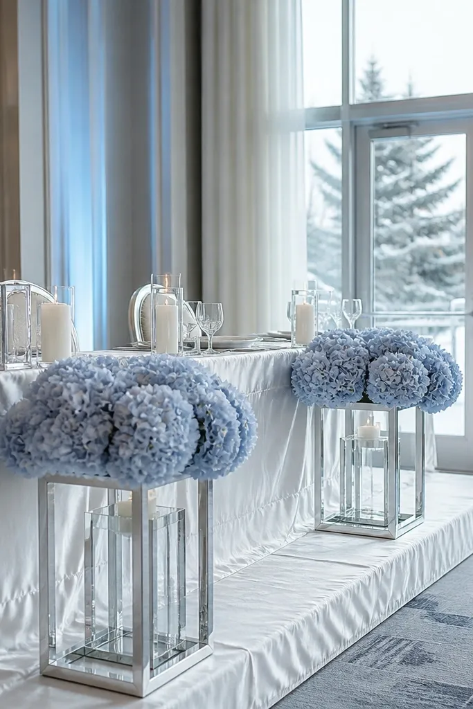 Glacier blue hydrangea centerpieces in silver frames on a head table