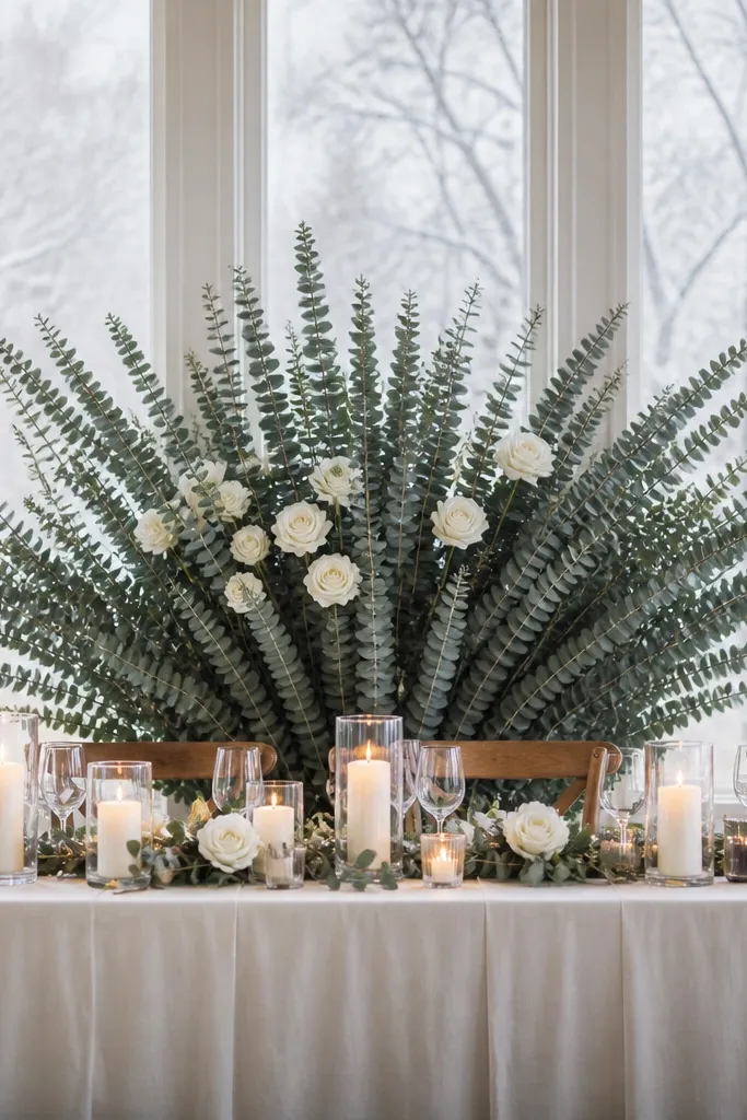 Tall eucalyptus and white rose fan cluster at the center of the head table