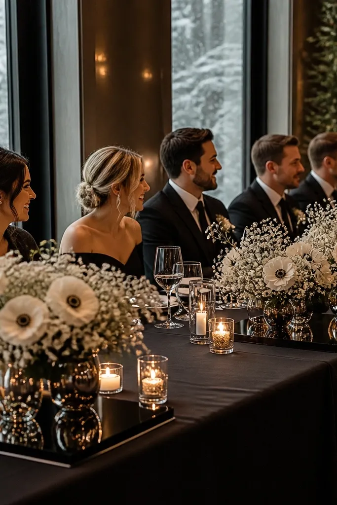 Black lacquer tray with mirrored bud vases and small white blooms along the head table
