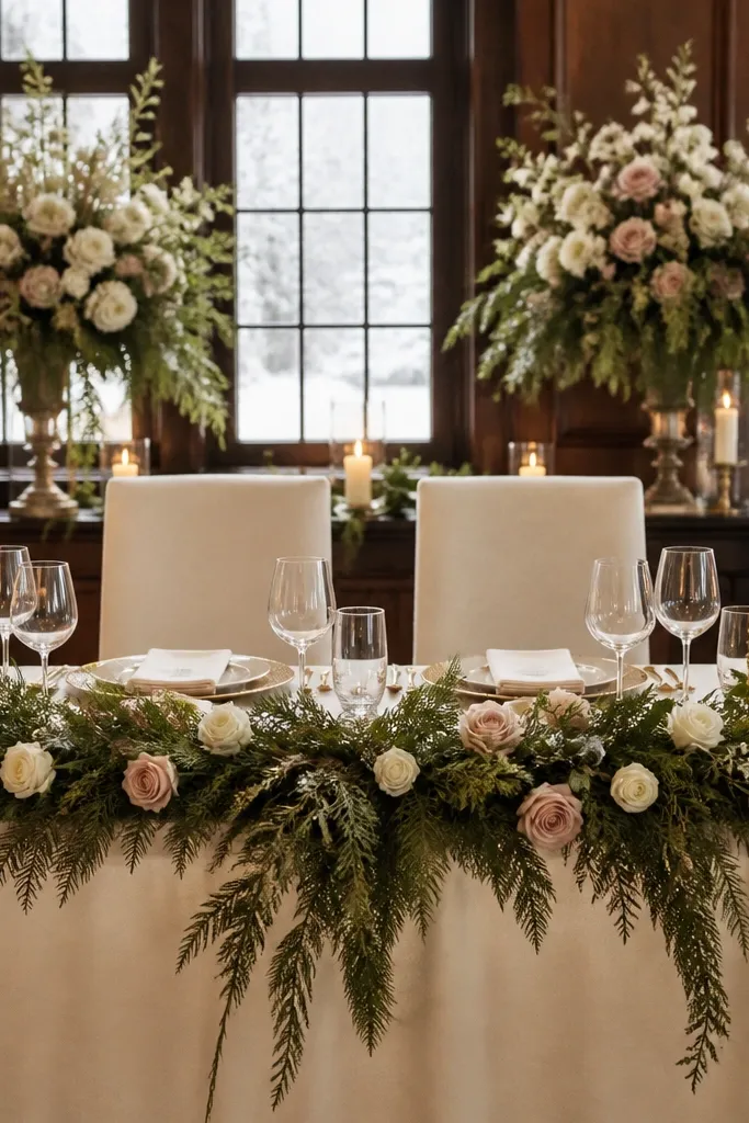 Low-profile olive greenery with blush roses along the edge of a head table