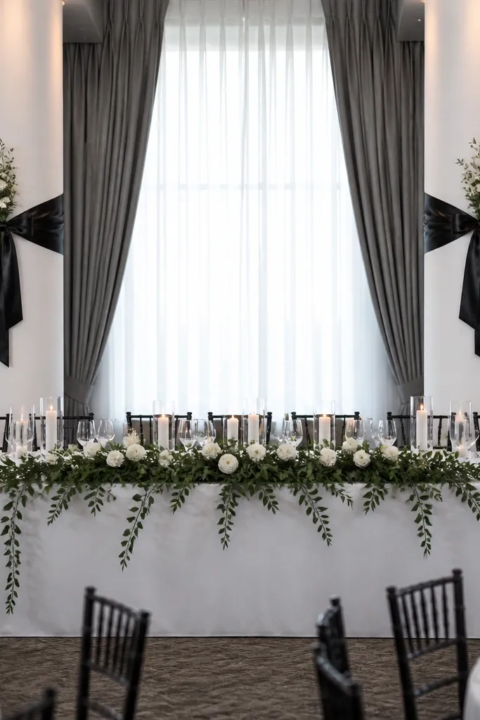 White pillar candles with black ribbon wrapped around small floral bases on the head table