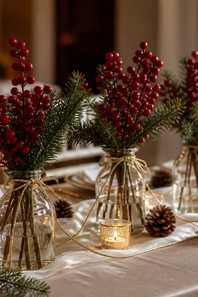 Cranberry bud vases with evergreen sprigs and gold thread accents on the head table