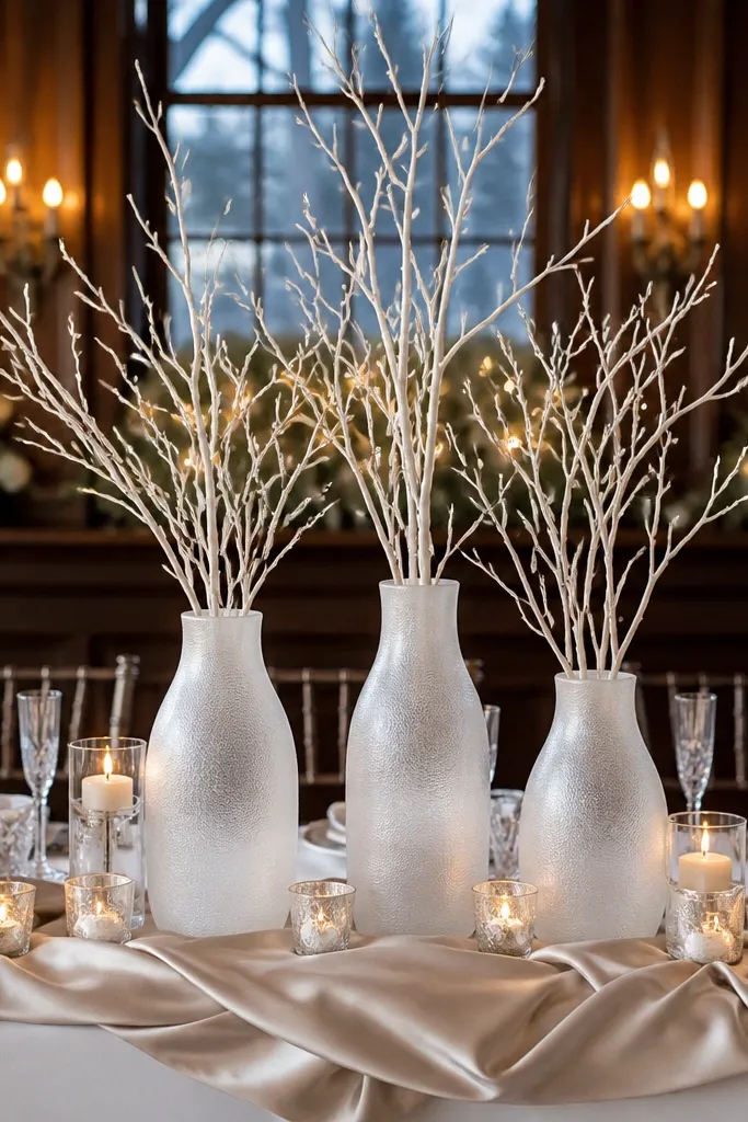 Frosted glass vases with white branches and minimal greenery on the head table