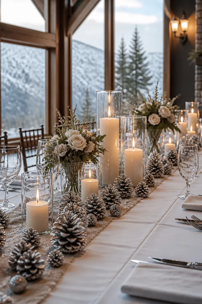 Silver pinecone decor with candles in a height gradient on a head table
