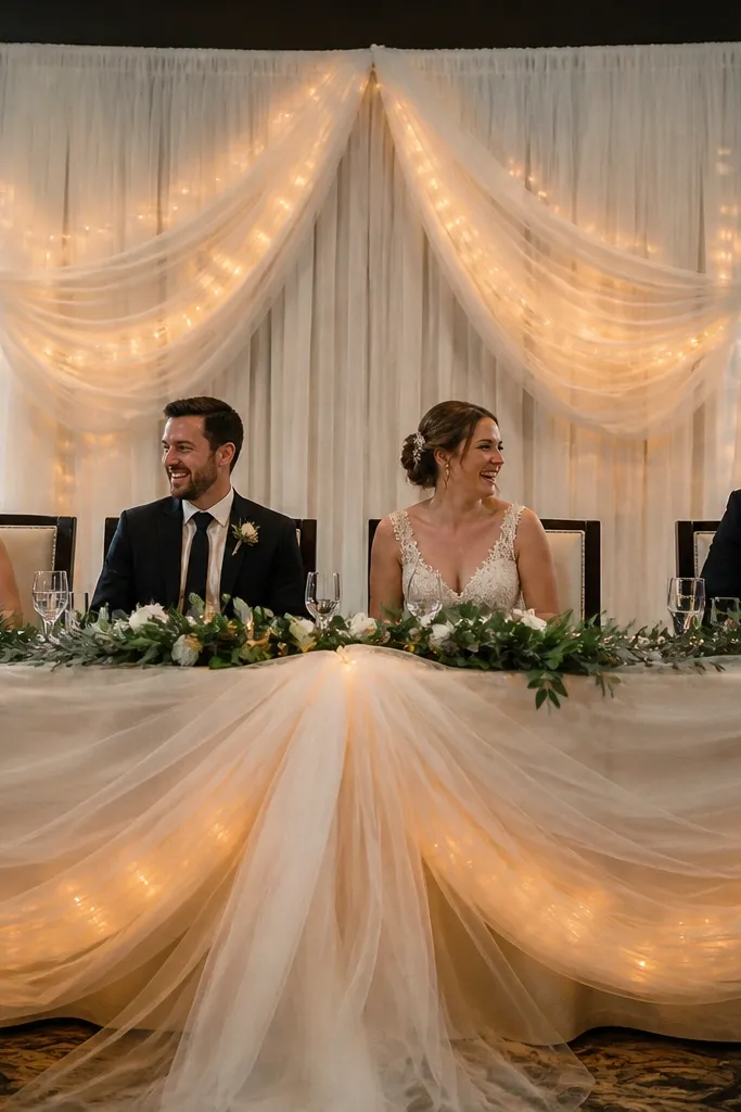 Ivory tulle swag over the head table with warm LED lights tucked inside
