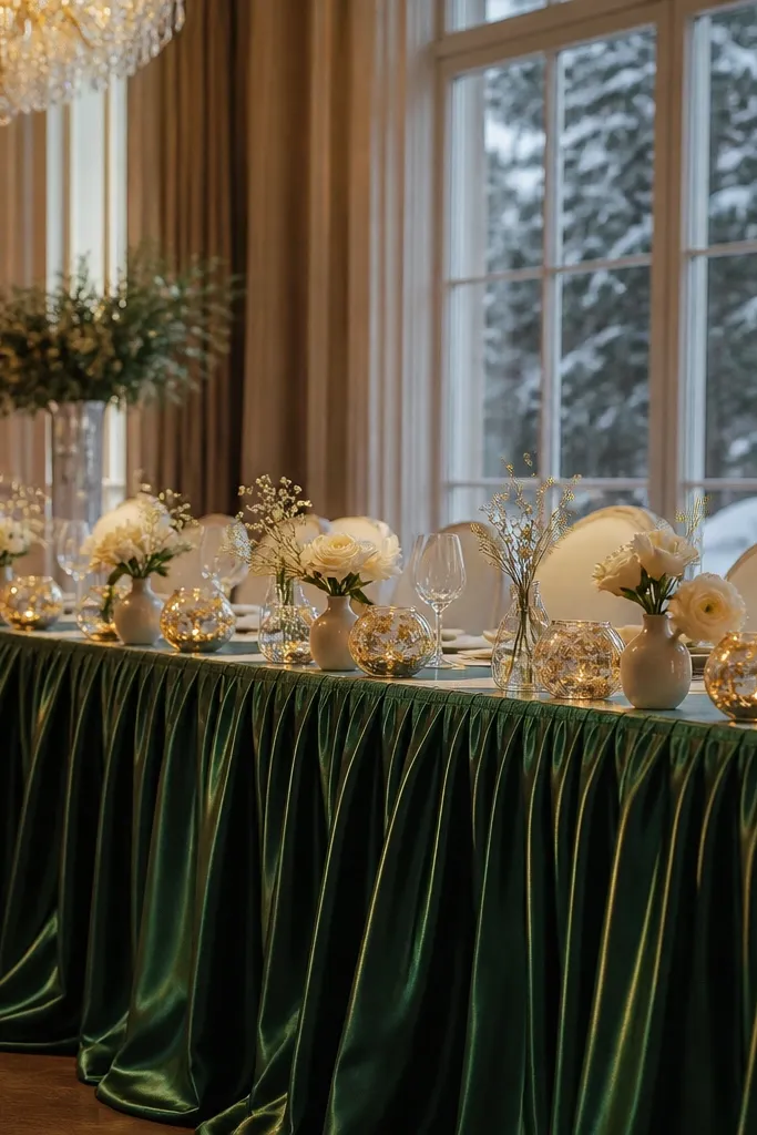 Deep green table skirt with small gold leaf accents in vases along the head table