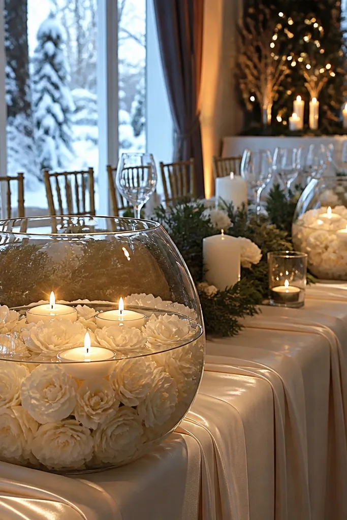 Oversized glass bowls filled with white camellia-style blooms and floating candles
