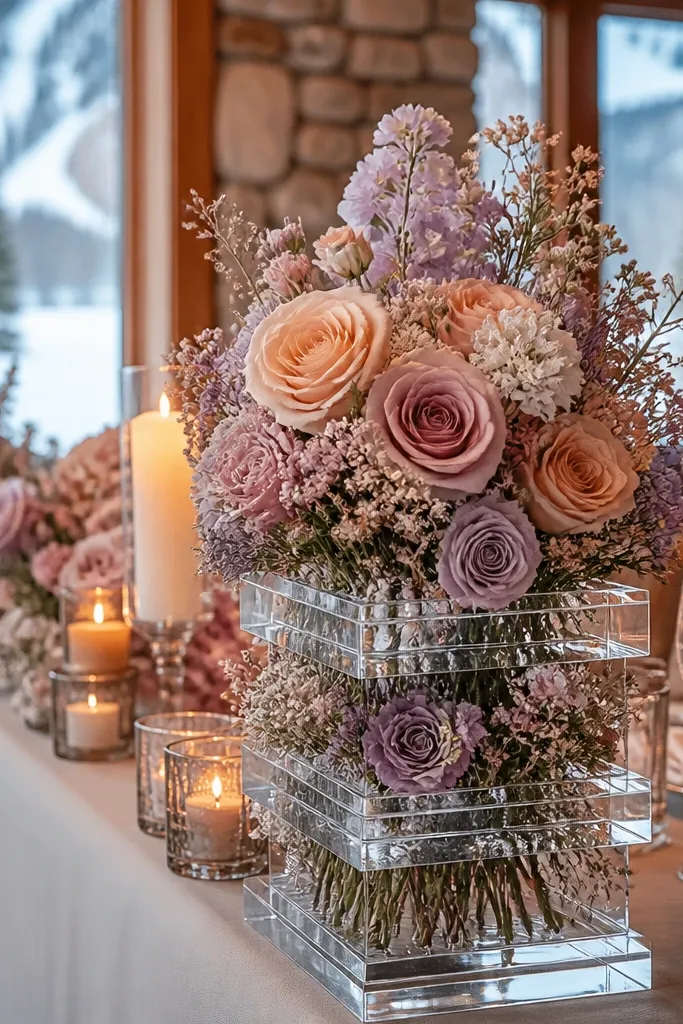 Pastel winter bouquet arranged in clear acrylic blocks with warm candlelight