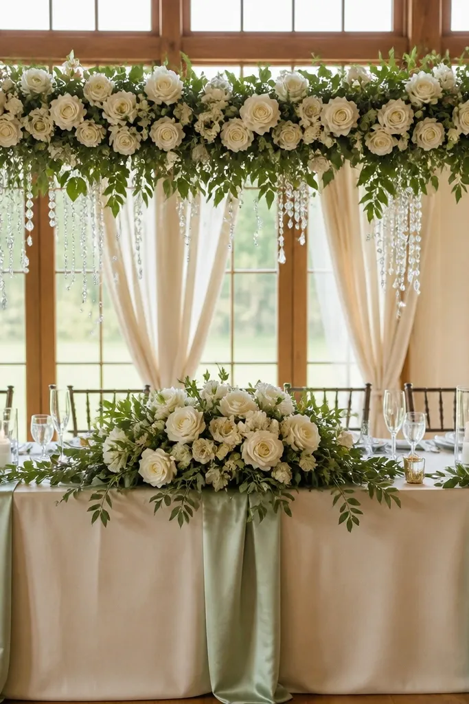 Sage green and ivory rose garland with hanging crystal drops along a head table