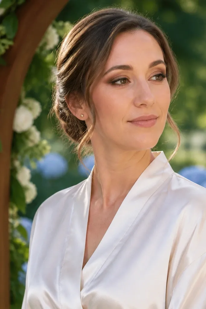 Champagne eyeshadow with soft cocoa on the outer corner and nude lip