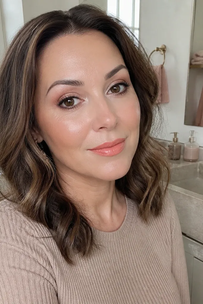 Soft rose-brown cut crease with blended edges and rosy nude lipstick
