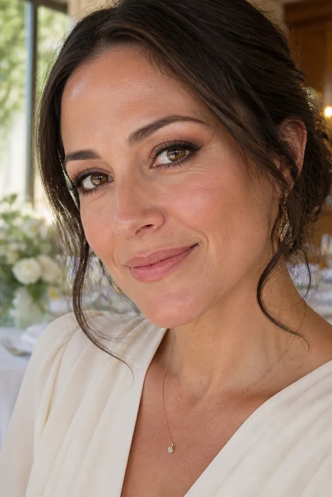 Soft honey-brown smoky liner with subtle shimmer on lids and peachy lip