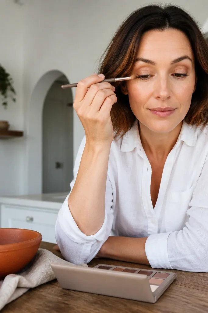 Toasted sand eyeshadow with warm nude lip and light brow definition
