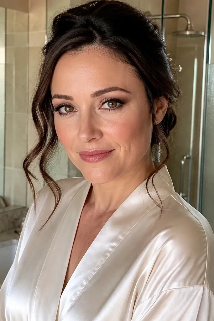 Feathered cocoa powder wing on upper lash line with nude gloss lip