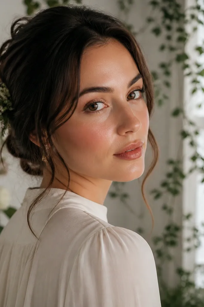 Glowy skin with rose blush, minimal warm eyeshadow, soft nude lip