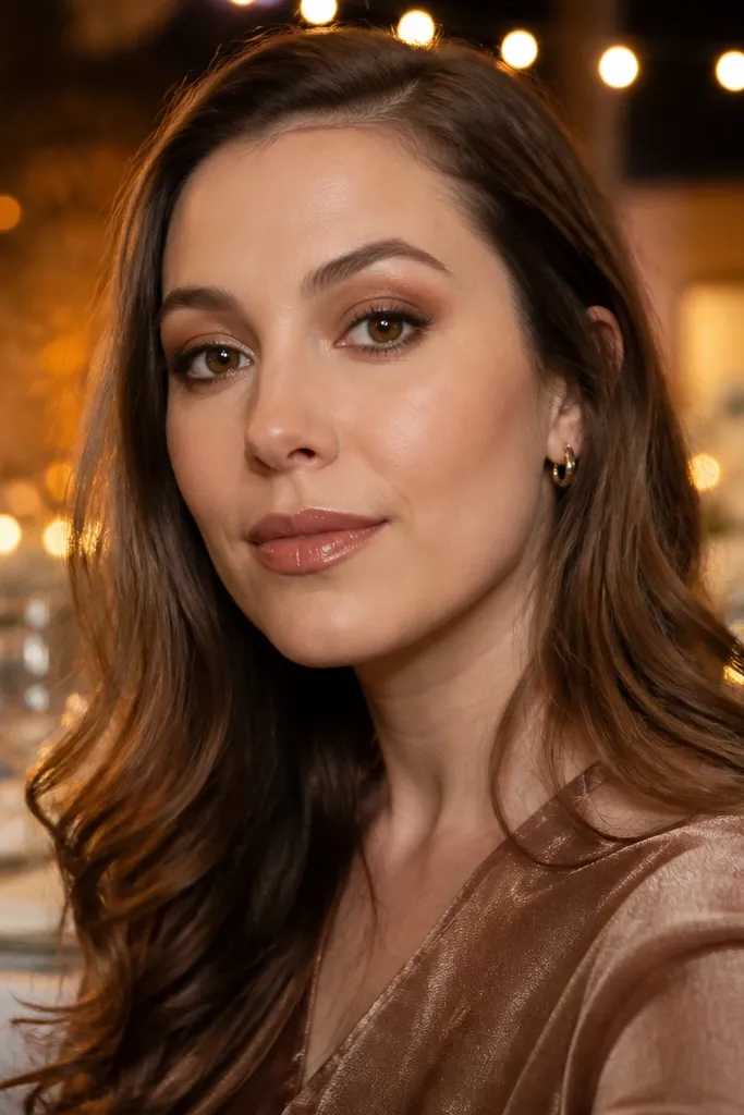 Soft brown halo eye with nude gloss lip and warm cheek glow