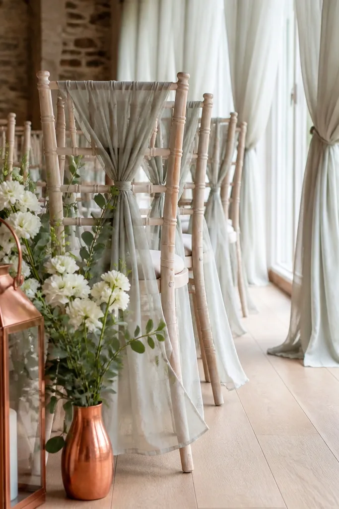 Sage greenery table decor with ivory linens and brushed copper candleholders