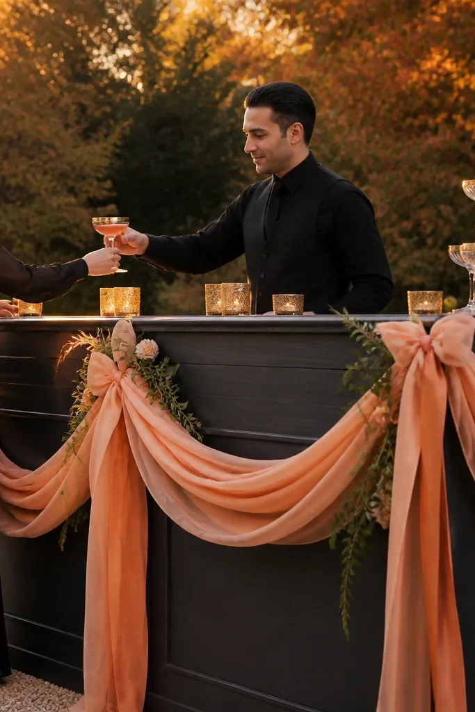 Apricot peach bouquets with charcoal signage and warm gold tableware