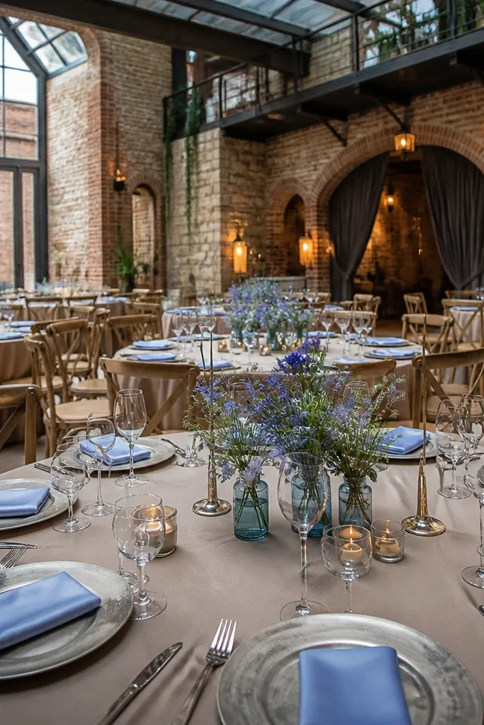 Periwinkle blue florals with taupe table linens and antique silver frames