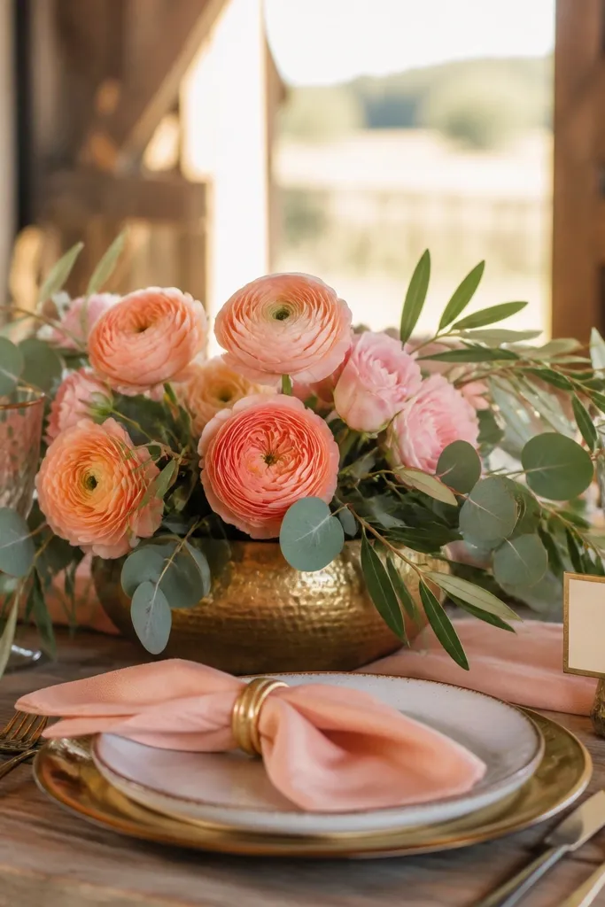 Soft peach florals with olive greenery and antique gold accents on tables