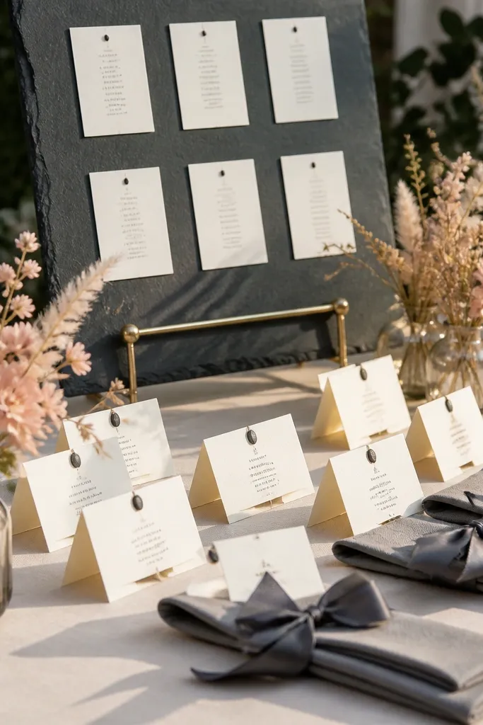 Cream and blush table decor with charcoal runner and black ink signage