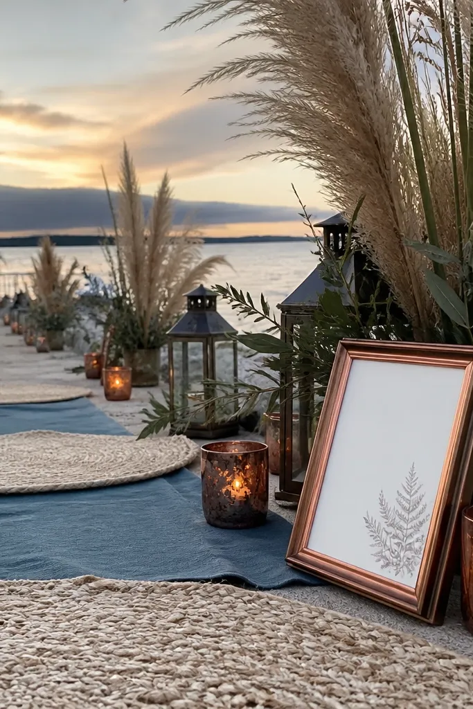 Dusty teal table florals with sand beige linens and copper candleholders
