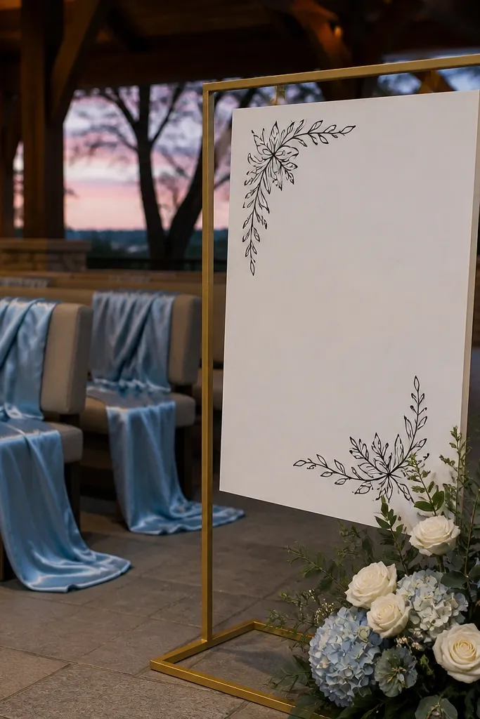 Powder blue bouquets with warm taupe linens and antique gold frames