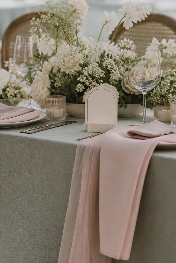 Dusty rose and sage greenery bouquet with light cream table settings