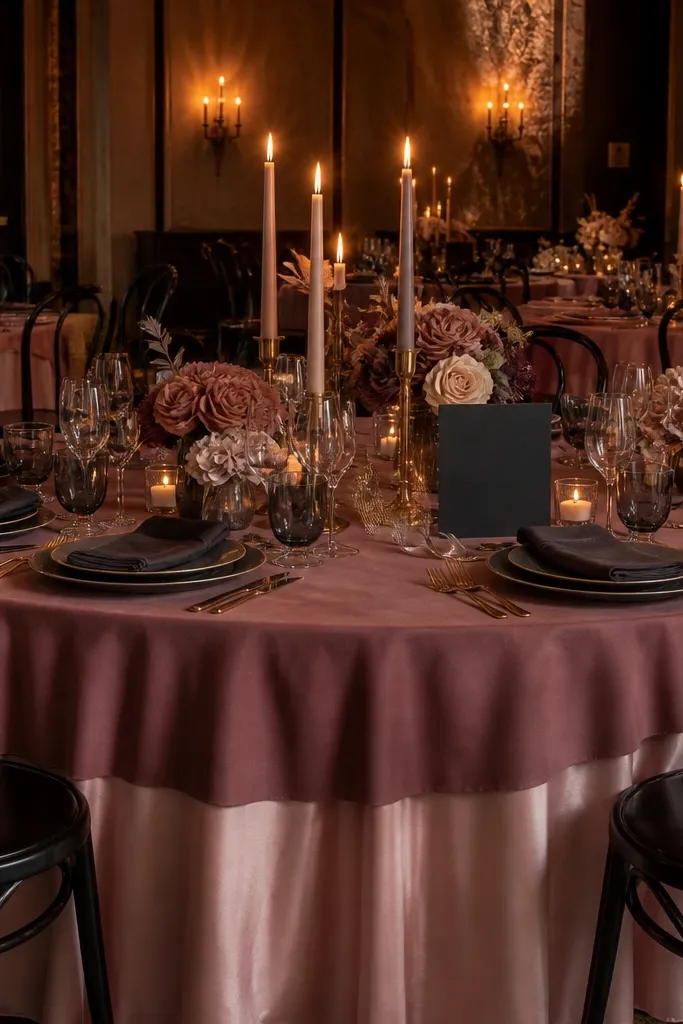 Blush and mauve florals with charcoal runner and champagne-colored accents