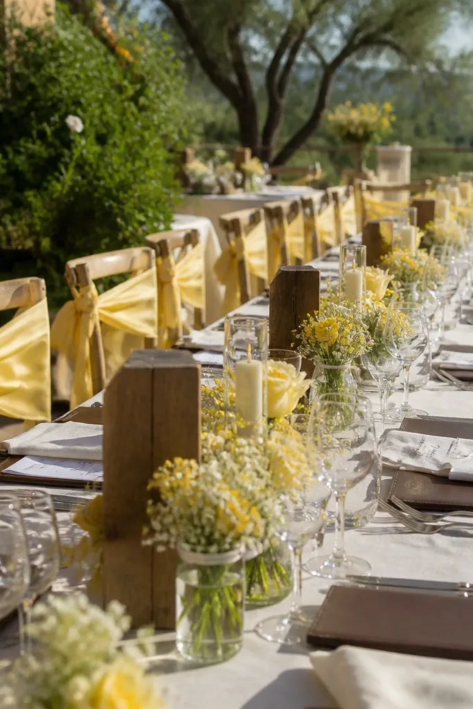 Butter yellow florals with dusty white linens and cocoa brown stationery