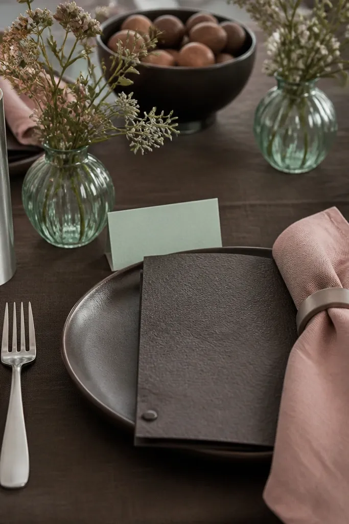 Pale mint and blush bouquets with espresso linens and silver candle accents