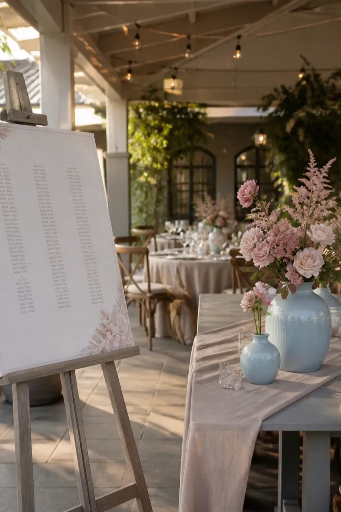 Powder blue and dusty rose florals with mushroom taupe linens