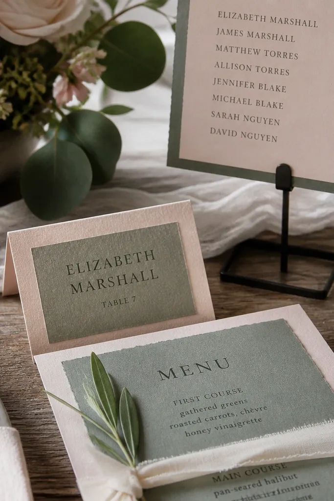 Blush florals with dusty green accents, cream linens, charcoal text on menus