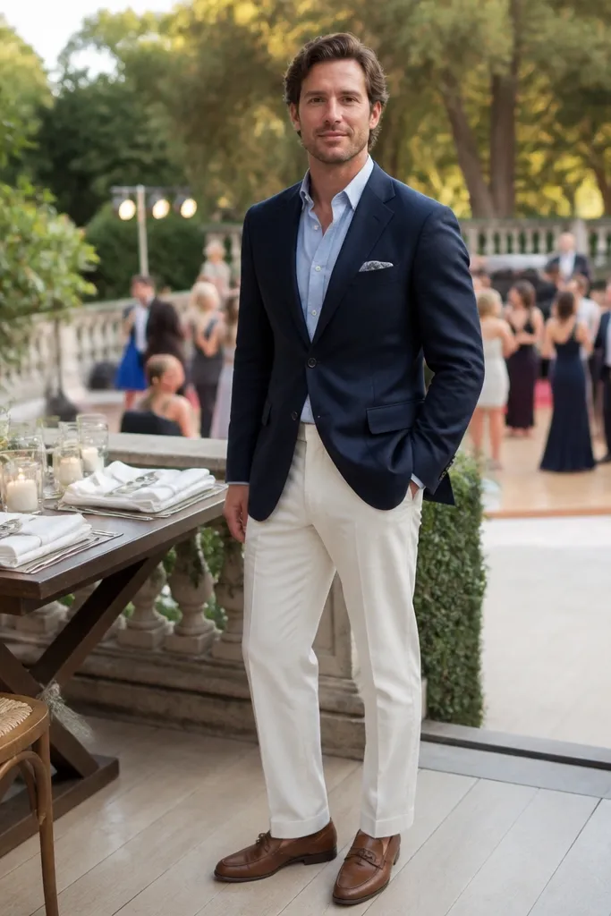 Navy blazer, cream trousers, white shirt, cognac loafers