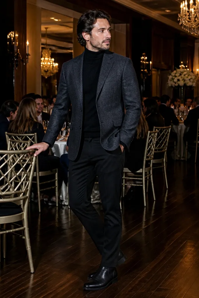 Charcoal blazer, black turtleneck, black trousers, dark Chelsea boots
