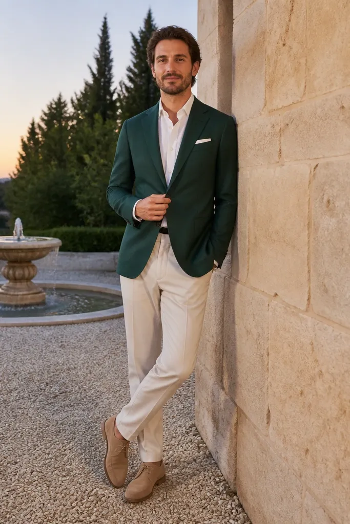 Deep green blazer, white button-down, tan suede chukkas, light belt