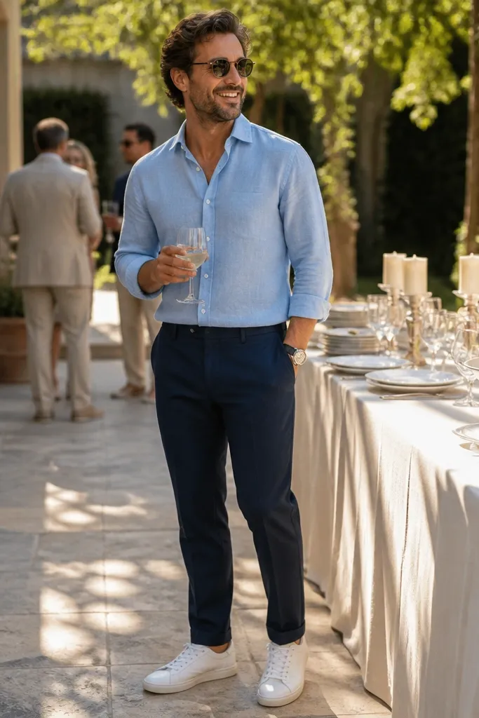 Light blue linen shirt, navy trousers, white clean sneakers