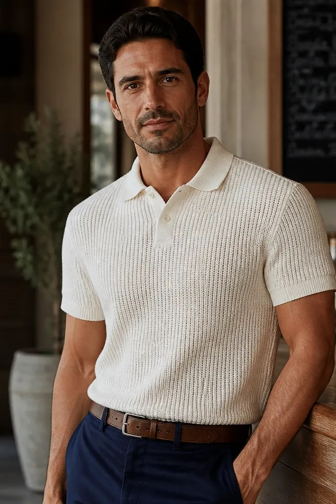 Cream knit polo, navy trousers, brown belt, tan loafers