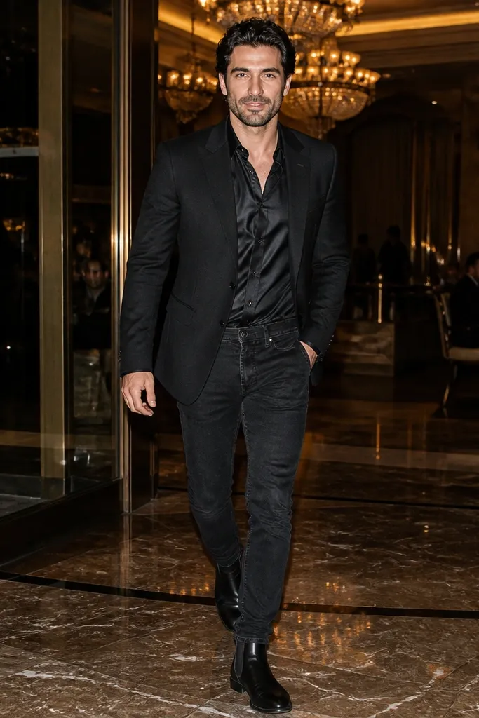 Black jacket, satin-like shirt, slim black denim, black boots