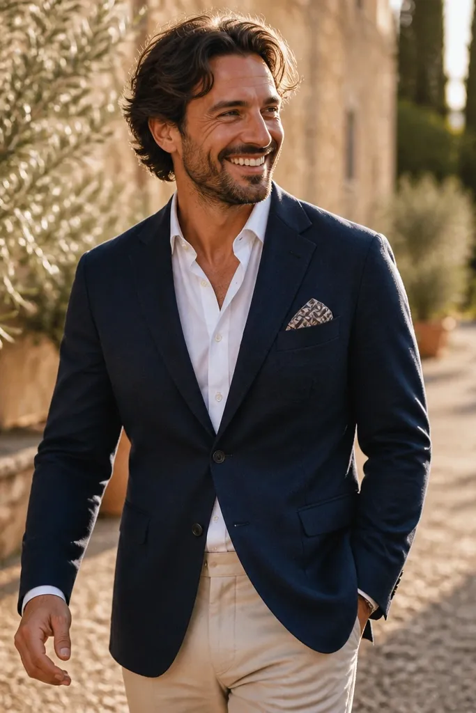Navy blazer, stone chinos, white shirt, silk pocket square