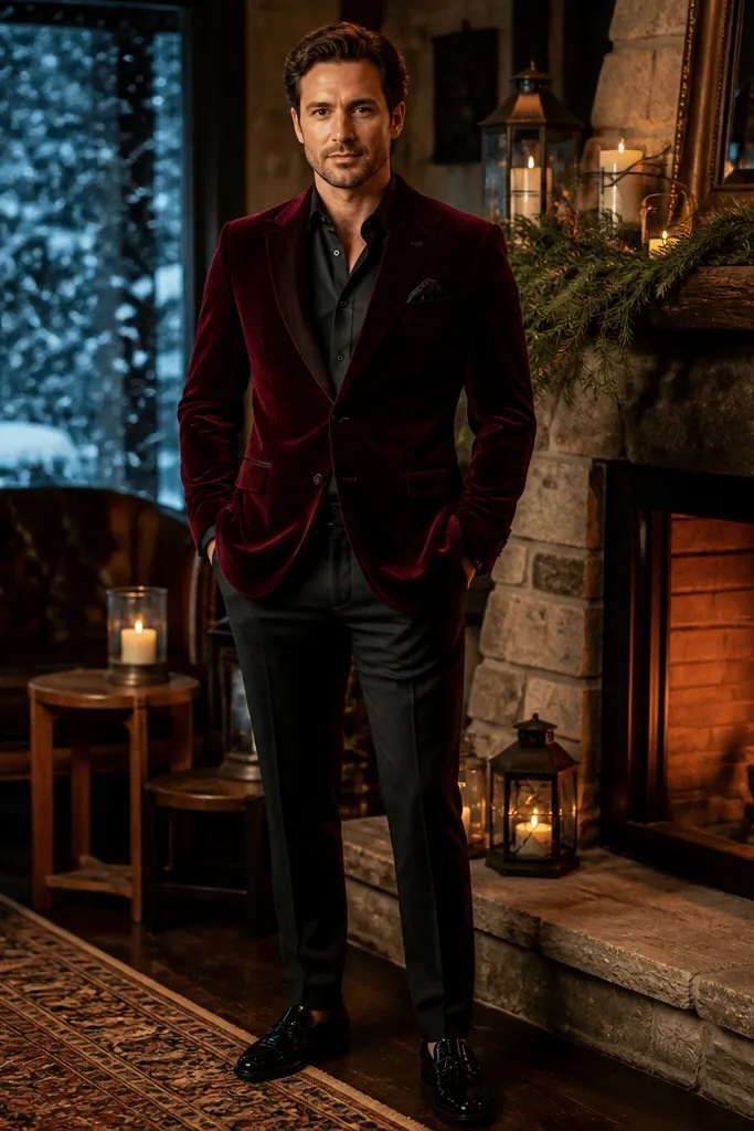 Burgundy velvet blazer, black trousers, black loafers, white shirt
