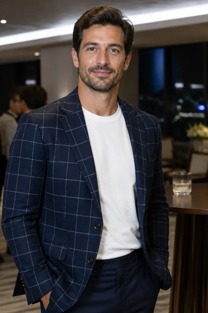 Navy check blazer, white T-shirt, beige tailored trousers, brown shoes