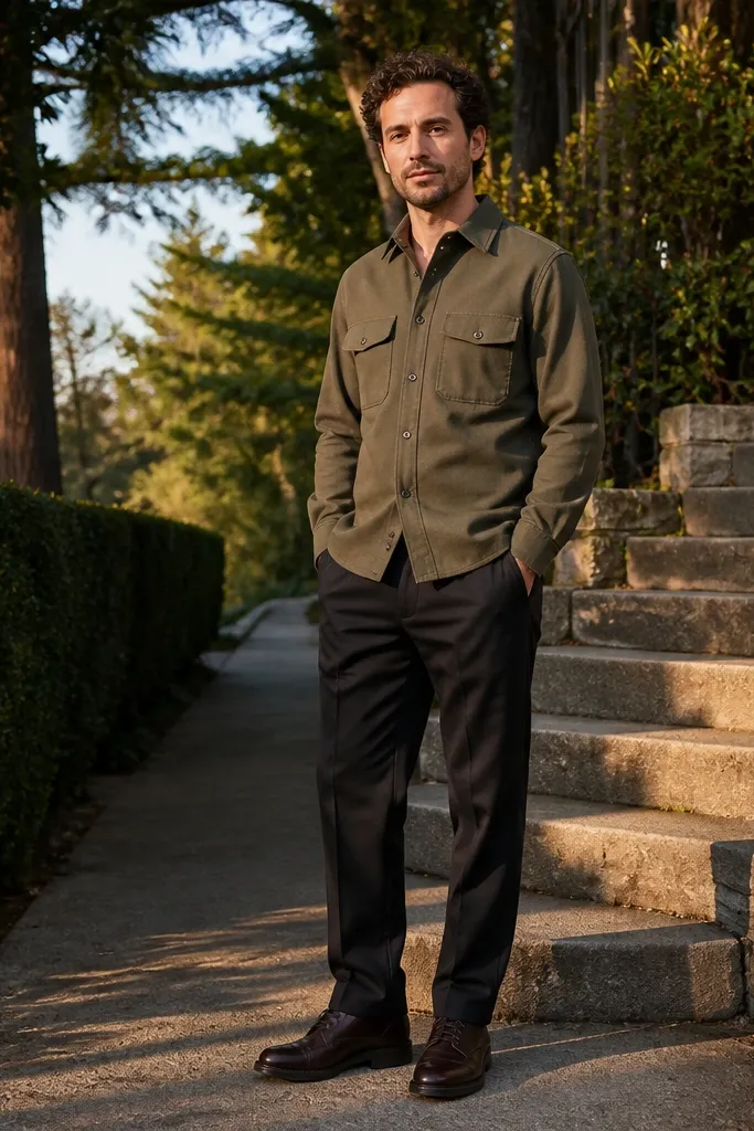 Olive overshirt, black trousers, dark brown boots, white tee