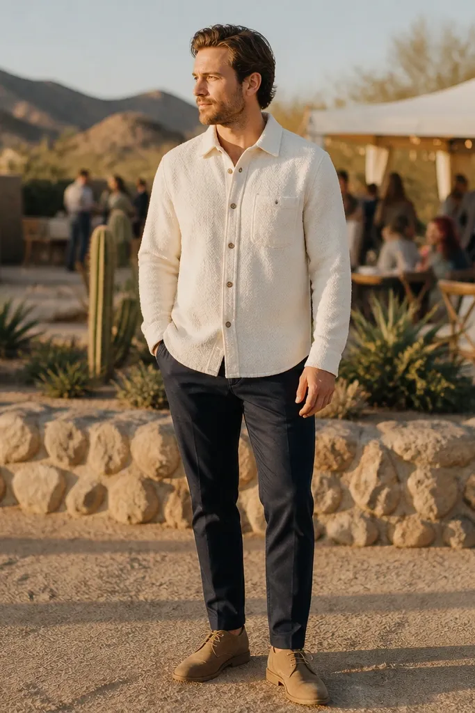 White textured overshirt, navy chinos, suede desert boots