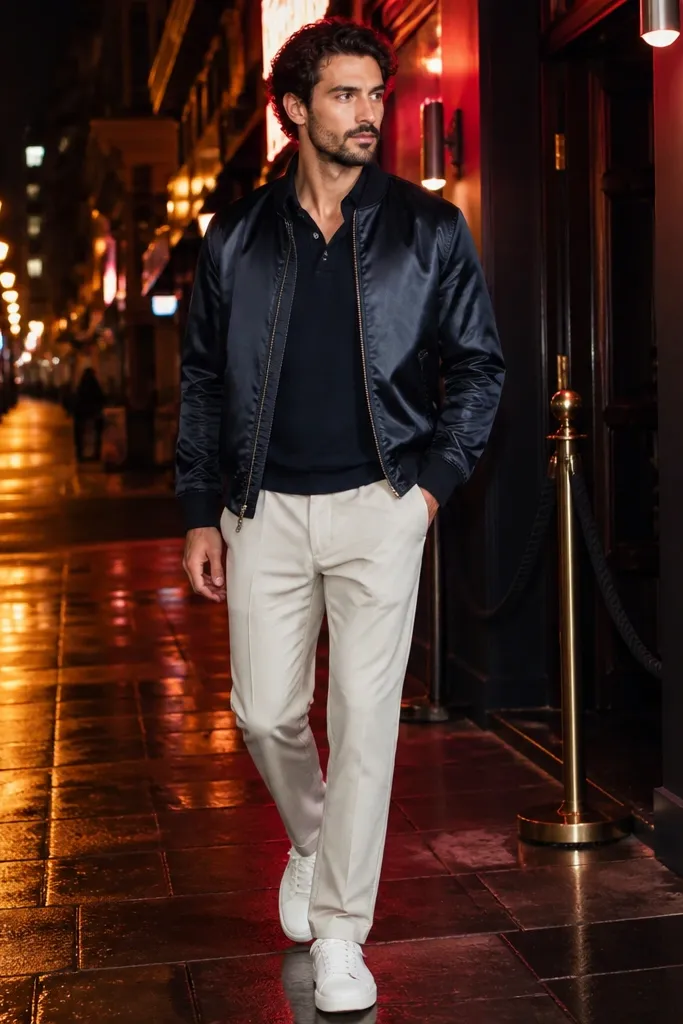 Black satin bomber, cream trousers, white sneakers, black shirt