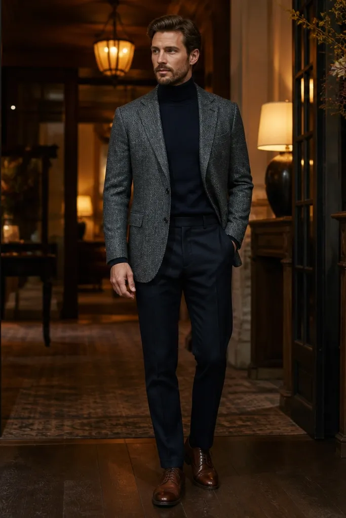 Gray tweed blazer, navy turtleneck, dark trousers, brown brogues