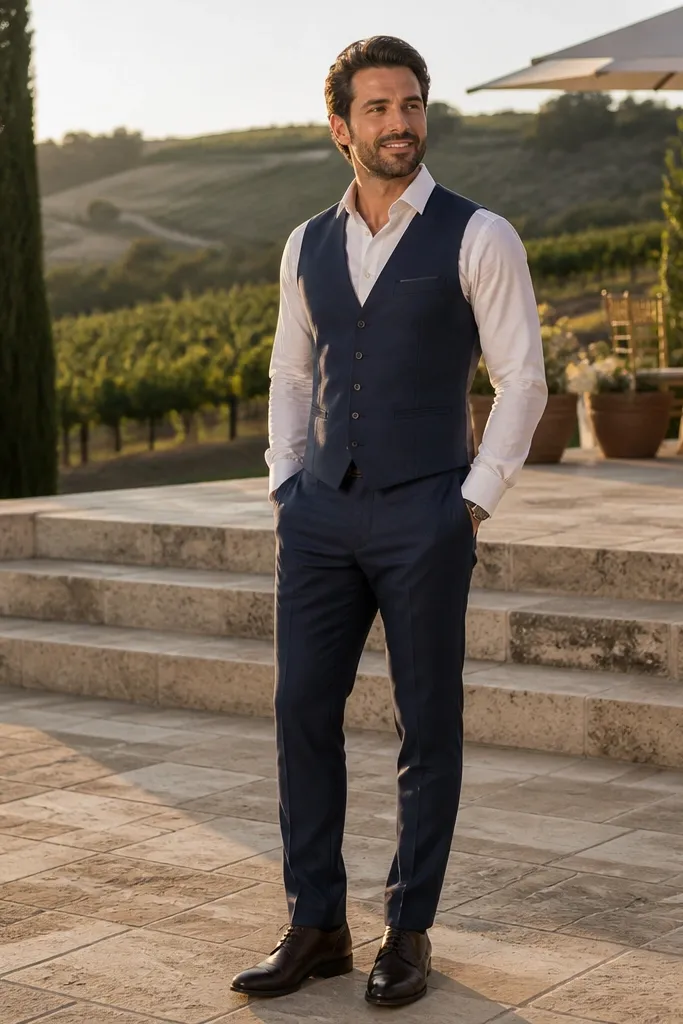 Navy suit vest, white dress shirt, navy trousers, dark leather shoes