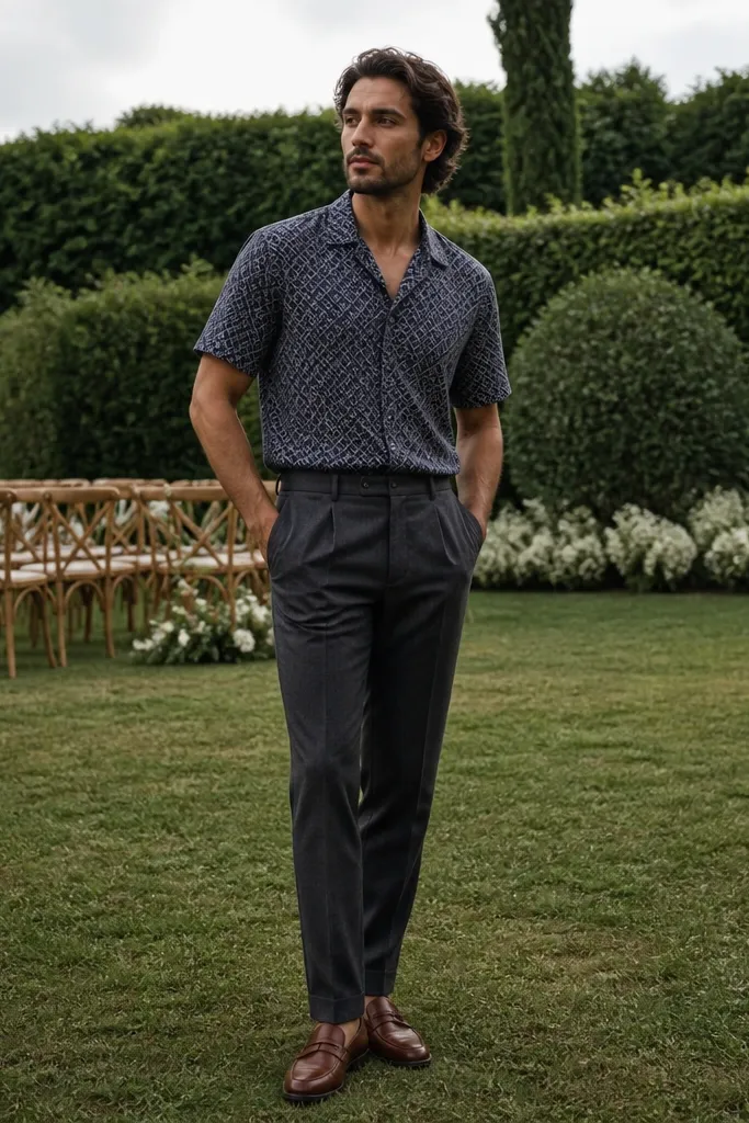 Patterned camp shirt, tailored trousers, loafers, belt matching shoes