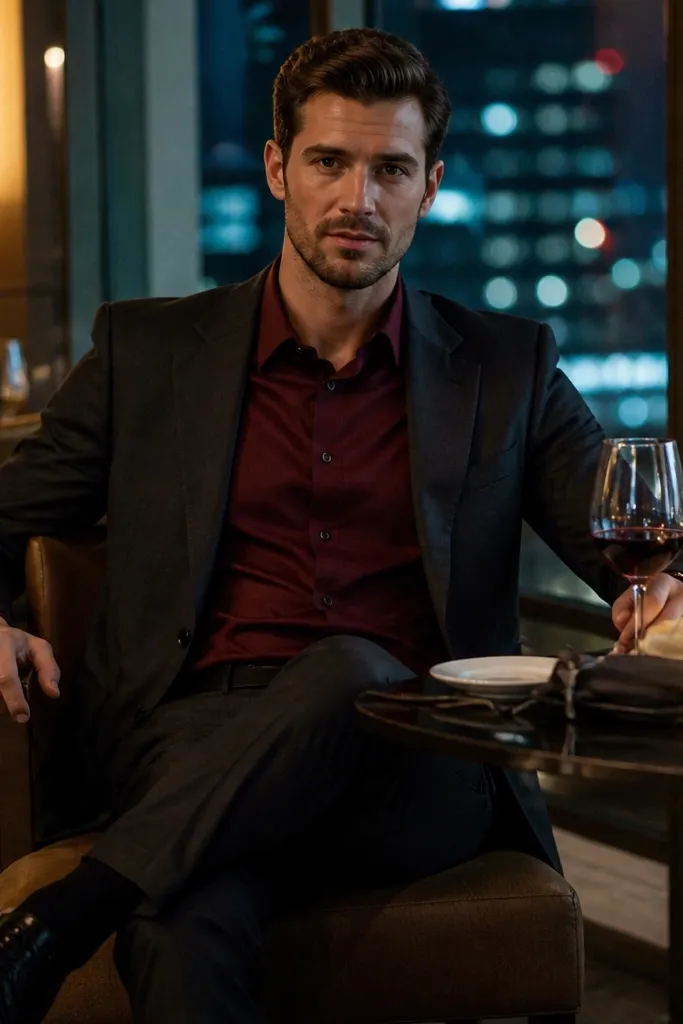 Burgundy dress shirt, charcoal blazer, black trousers, black oxfords